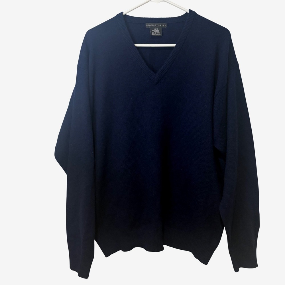 Geoffrey Beene V-Neck‎ Sweater Mens XL Navy Blue 100% Cashmere Pullover Knit